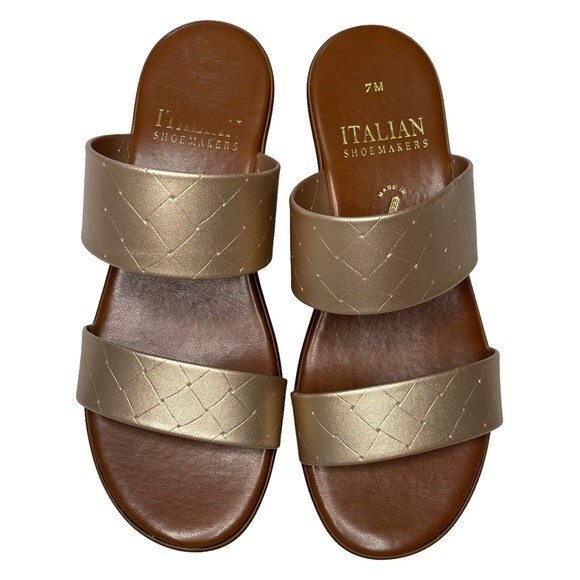 Italian Shoemakers Tan and Gold Slides Sandals 2 inch Heels, size 7M - Picture 2 of 12